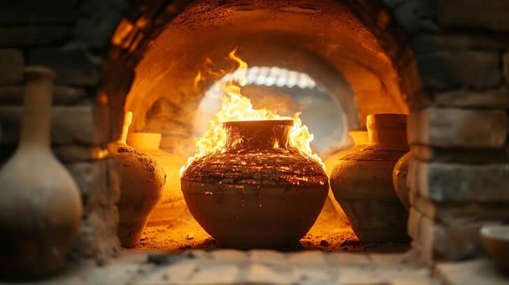 The intense, glowing orange interior of a ceramic kiln.